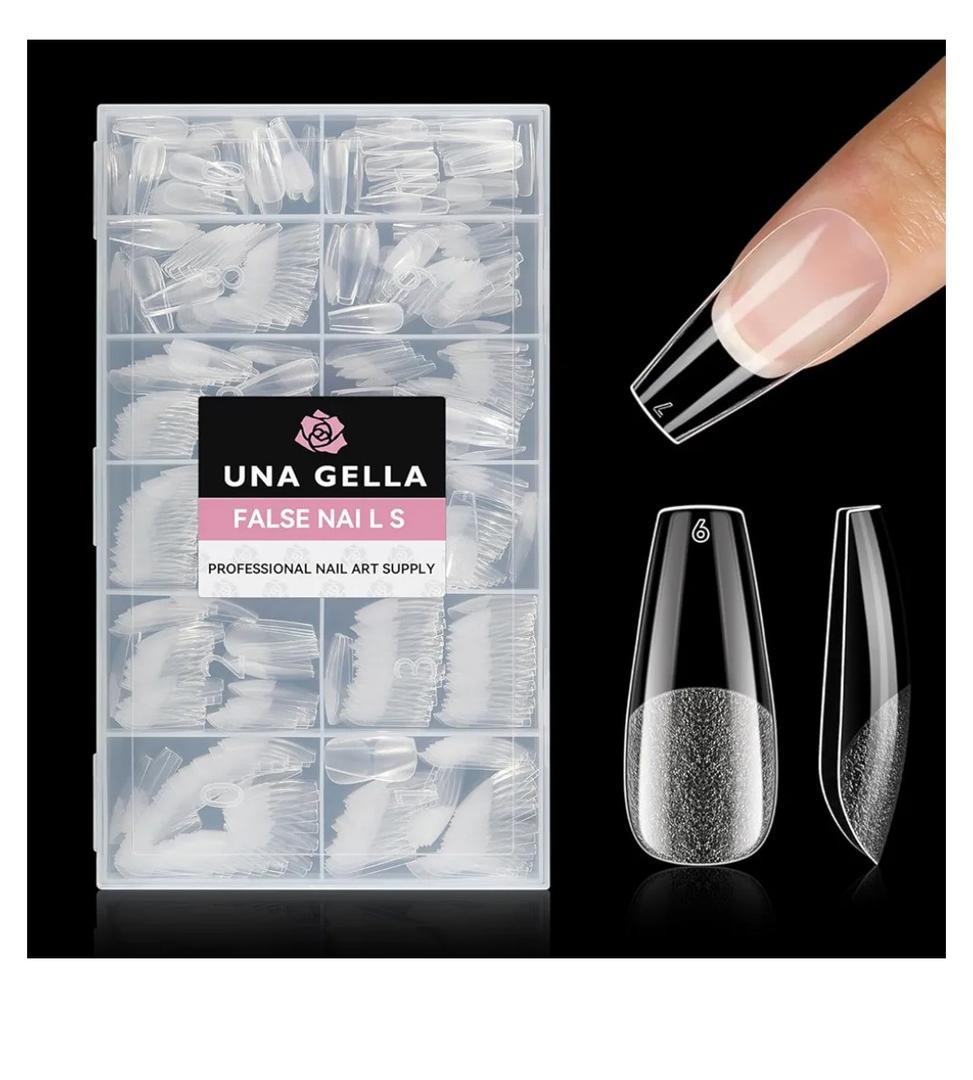 UNA GELLA Coffin Nails Tips, 216 PCS Soft Gel Nail Tips Coffin Half Matte Full Cover False Nails Pre-shaped Clear Acrylic Press on Nails Medium for Nail Extensions Home DIY Salon, 12 Sizes