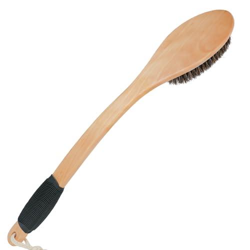 OWIIZI Horsehair Bath Brush Wooden Curved Long Handle Antiskid Shower Brush for Exfoliating, Natural Mane Scrubber for Back Use Wet or Dry,Back Scrub Deep Cleanse-17.2inches