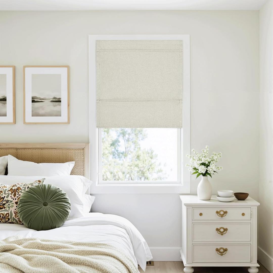 RYB HOME 100%Blackout Roman Shades for Windows, Linen Fabric No Drill Magnetic Blind with Adhesive Tape, Thermal Insulation Cordless Roman Blind for Bedroom Window/French Door, W26xH64, Beige, 1 Panel