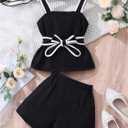 Verdusa Girl's 2 Piece Brunch Outfits Bow Knot Belted Contrast Trim Tank Tops with Shorts Comfy Sets (Black, XS)
