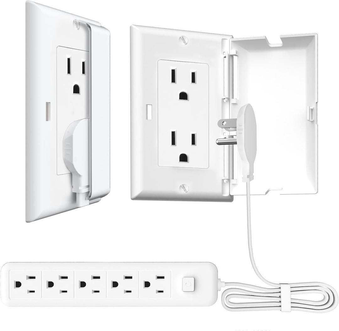 Ultra-Thin Outlet Concealer with Ultra Flat Plug Power Strip 6-Foot Extension Cord, Outlet Cover Concealer, 5 AC Outlets, 1875W for Kitchen, Home and Office (Decorator Wall Outlet Cover, 6 Foot)