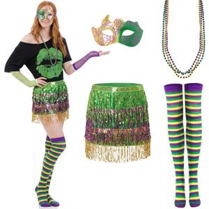 Syhood 6 Pcs Mardi Gras Costume Set, Sequined Tassels Tutu Skirt, Faux Feather Pattern Half Mask, Necklace and Long Socks (L)