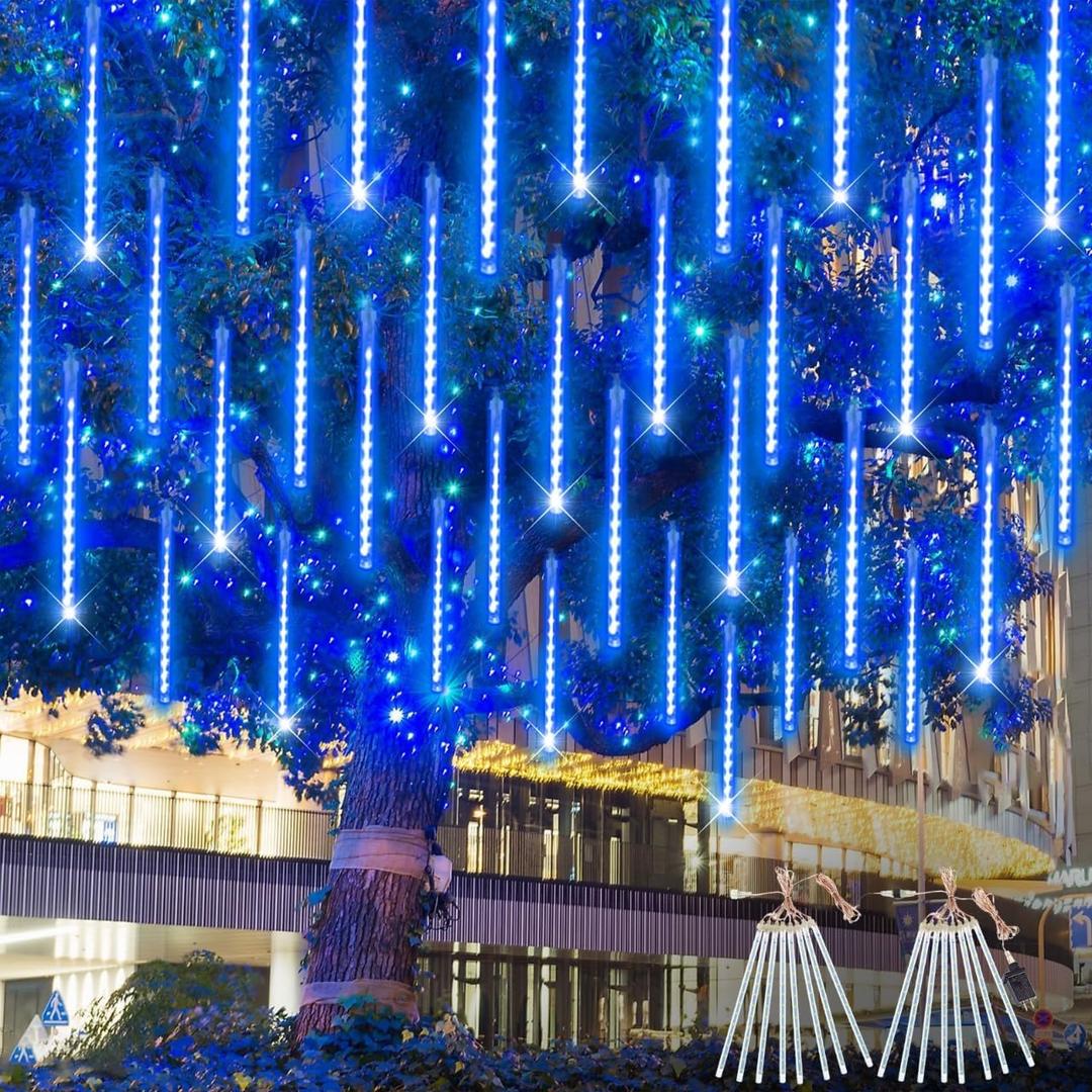 2 Pack Christmas Decorations Lights Outdoor, Extendable Meteor Shower Lights with Timer, Total 384LED 30cm 16 Tubes Indoor Outdoor Rain Light Cascading String Light for Xmas Garden Party Decor (Blue)