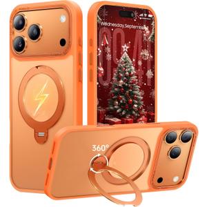 360 Spin Magnetic Stand for iPhone 17 Pro Max Case, Fit for MagSafe, Mil-STD Protective Case for iPhone 17 Pro Max Phone Case with Kickstand Rotatable 6.9 inch, Orange