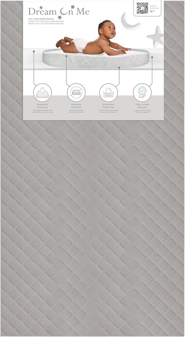 Dream On Me Asheville 4” Firm Fiber Crib & Toddler Bed Mattress, Dual-Sided, Waterproof, Greenguard Gold Certified, Lightweight, Reversible Design, Grey Embossed Vinyl Cover, 52x28x4 Inch