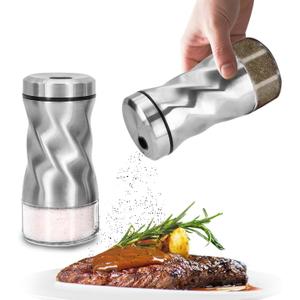 Glass Salt and Pepper Shakers Set, Adjustable Pour Holes for Fine or Coarse Spices, 4 oz Glass Salt Shaker, Refillable Spice Shakers for Himalayan & Kosher Salt, Pepper, Cinnamon  For Kitchen & Table (Silver)