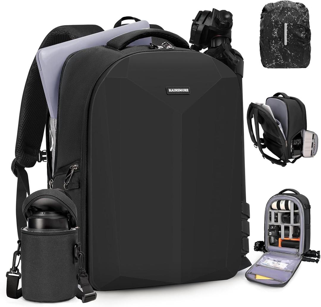 RAINSMORE Camera Backpack Hard Shell for DSLR/SLR Waterproof Camera Bag with Laptop Compartment 15.6 Inch Professional Camera Case with Rain Cover Photography Backpack Bag with Camera Lens Case Black