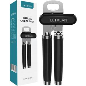 Ultrean Manual Can Opener Bottle Opener, Heavy Duty Stainless Steel Smooth Edge Manual Hand Held Can Opener With Soft Touch Handle, Rust Proof Oversized Handheld Easy Turn Knob (Black)