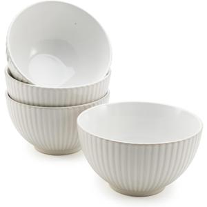 American Atelier Fluted Cereal Bowls | Set of 4 | Stoneware Soup Bowls Set for Kitchen | 22-Ounce Pasta, Ramen, Salad Bowl Set | Reusable, Microwave, and Dishwasher Safe (White)