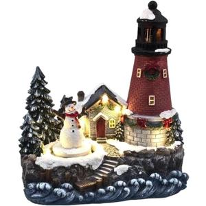 Lightahead Christmas Scene LED Lighted Lighthouse with Turning Snowman Figurine, A Musical Decoration with 8 melodies