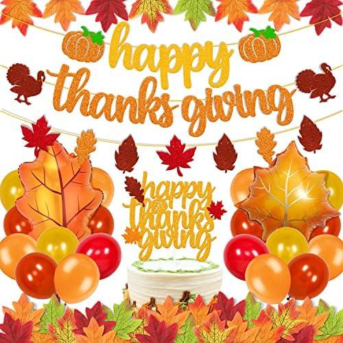 Thanksgiving Day Decorations Happy Thanksgiving Banner Thanks Giving Cake Topper Fall Maple Leaves Autumn Balloons for Thanks Giving Day Theme Party Glitter Gold Decorations