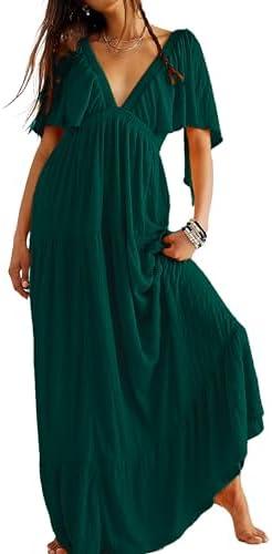 Kikibell Women Summer Dresses Sexy V-Neck Maxi Dress Tiered Silhouette with Flutter Sleeve Backless Elastic Waist Flowy Dress 2XL