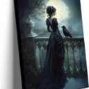 Victorian Woman and Raven Canvas Wall Art Gothic Dark Academia Wall Decor Picture Moody Halloween Witch Dark Romance Poster Print for Living Room Bedroom Dorm Home Decoration 16x24in