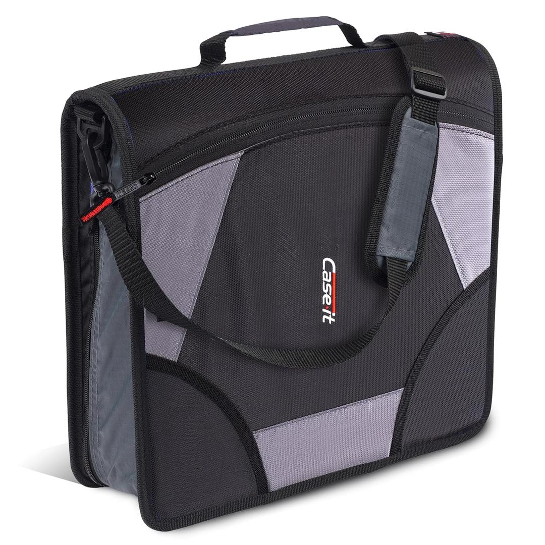 Case-it King Sized Zip Tab School Zipper Binder 4-Inch D-Rings, 800 Sheet Capacity, 5-Subject Expanding File Folder, Multiple Pockets & Storage Organizer, Shoulder Strap D-186 Jet Black