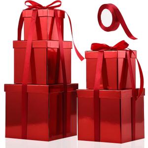Cholemy 5 Pcs Square Nesting Boxes Decorative Gift Boxes with Lid and Ribbon Assorted Sizes Wrap for Valentines Day, Engagement, Anniversary, Birthday, Bridal Shower Party Gifts(Shiny Red)