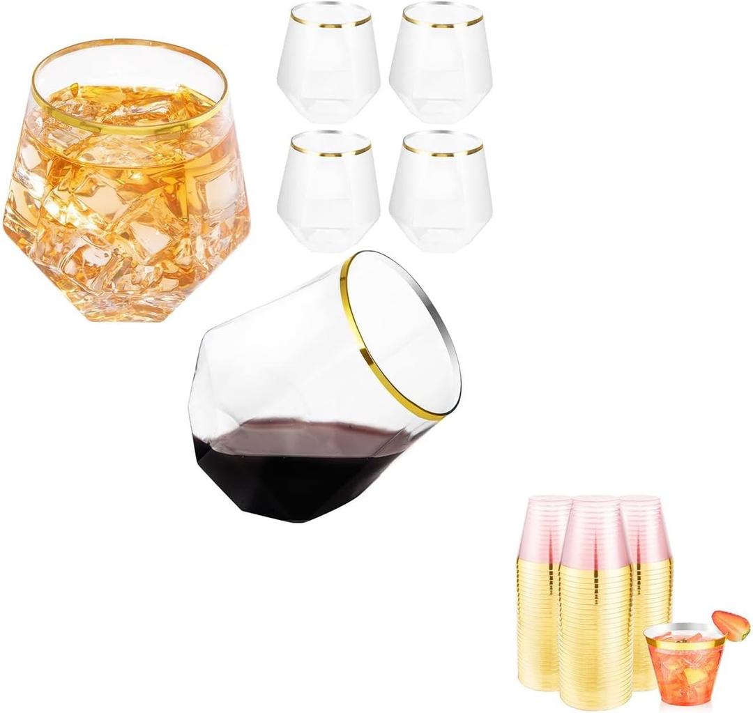 LUODA Gold Diamond Shaped Plastic Stemless Glasses Set of 24, Disposable 12 Oz Clear Plastic Whiskey Glasses for Birthday, Housewarming and Weddings