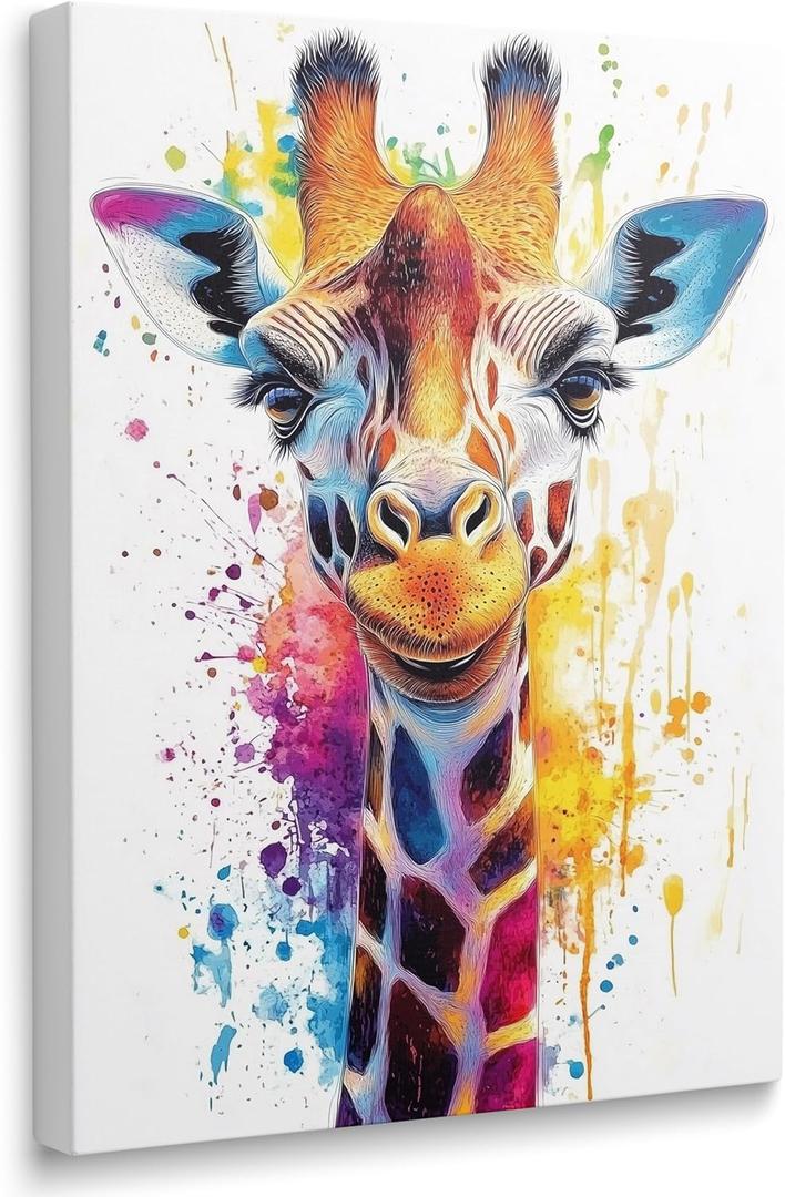 Framed Cute Abstract Giraffe Canvas Wall Art, Funny Neutral Colorful Animal Graffiti Paintings Artwork, for Kids Living Room Bathroom Decor Ready to Hang (16"x24")