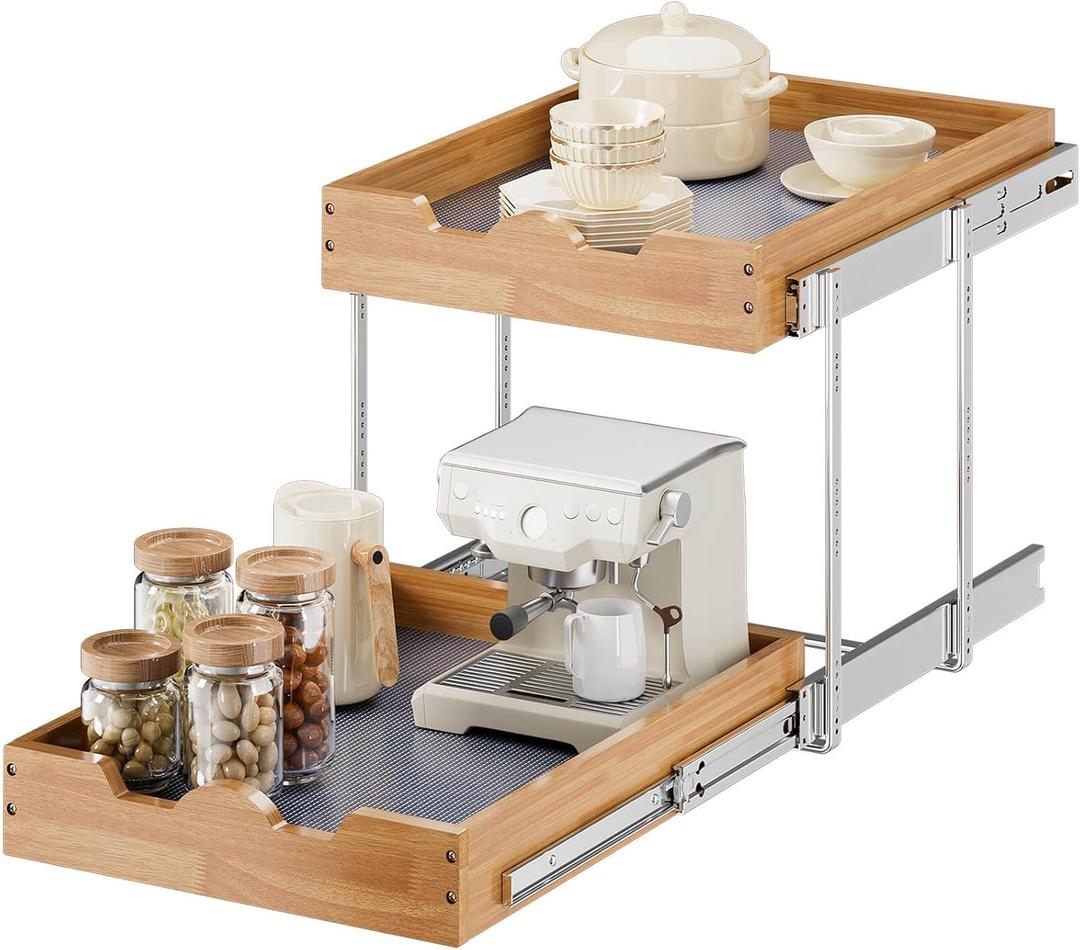 OCG 2 Tier Pull Out Cabinet Organizer (17"W x 21"D), Double Tier Slide out Wood Drawer Shelf, Pull Out Shelves for Base Cabinet Organization in Kitchen, Pantry, Bathroom (17W21D)