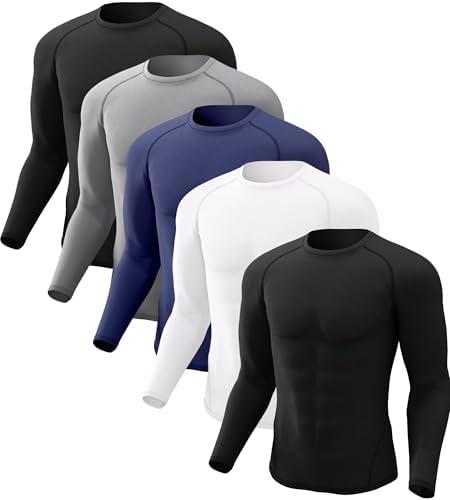 CL convallaria 4 or 5 Pack Men's Compression Shirt Workout Rash Guard Long Short Sleeve Undershirts for Athletic Gym Running, L