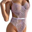 Aranmei Women Sexy Lingerie Bodysuit Lace Teddy Snap Crotch V Neck Cut Out One Piece Babydoll Underwire (Small, Light Purple)