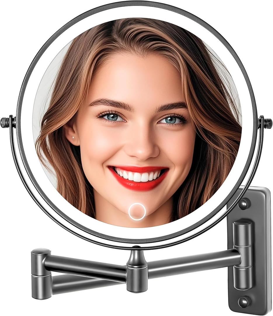 Magnifying Mirror with Lights 1X/20X, 9" Double Sided 5000mAh Rechargeable Wall Mounted Lighted Makeup Mirror, 3 Color LED Lights Dimmable, Wall Mount Mirror 17" arm for Bathroom, Black Brushed Nickel
