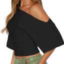 YFANG Women's Off Shoulder Short Sleeve Crop top Ruched Asymmetrical Y2K Going Out T Shirt (XS)