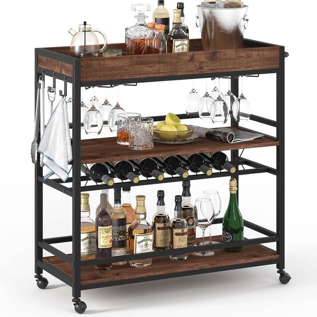 Rolling Bar Cart on Wheels for Home with Wine Rack, Glass Holder, 3-Tier Wood Beverages Carts, Size: 14.17"D x 37.01"W x 35.23"H