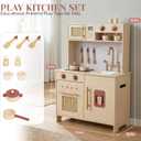 Wooden Kitchen Playsets for Kids, Pretend Play Kitchen with Realistic Clicking Sounds, Gold Faucet, Coffee Maker & Cooking Accessories, Set for Toddlers Boys Girls Age 3+, 31 inches x 12 inches x 38 inches