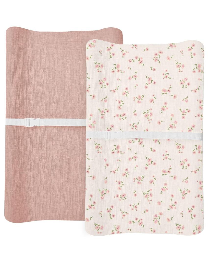 Changing Pad Cover for Baby Boy Girl 2 Pack, Muslin Changing Table Pad Covers with Boho Style, Neutral Nursery Bedding Essentials Soft and Breathable (Rosy)