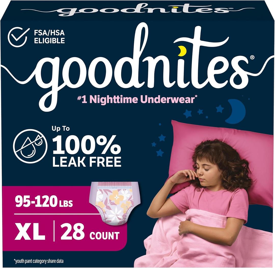 Goodnites Girls' Nighttime Bedwetting Underwear, Size Extra Large (95-120 lbs), 28 Ct (2 Packs of 14)