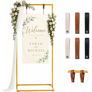 Wedding Welcome Sign Stand, 67" Tall Height - Gold Metal Sign Holder with 6 Leather Straps, Easel Stand for Seating Charts & Event Décor