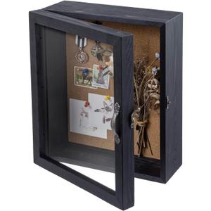MyGift 11x14 Vintage Black Solid Wood Deep Shadow Box with Cork Board Backing, Wall Mounted Display Case with Clear Acrylic Front Window Panel, Metal Handle and Latch
