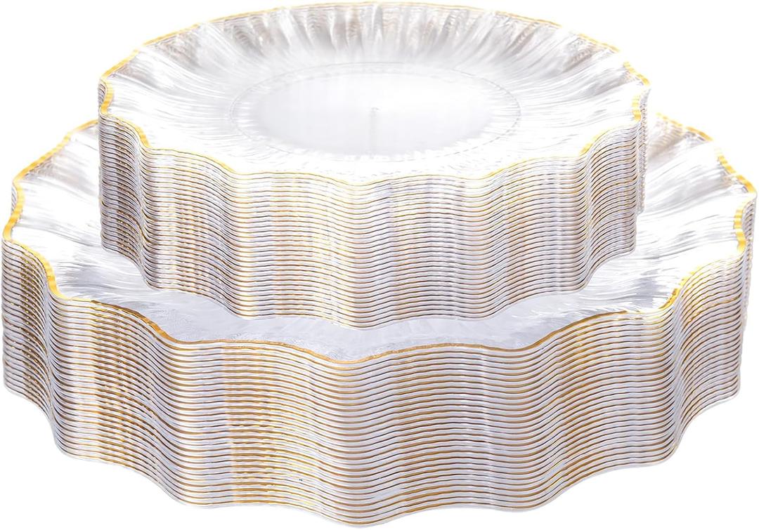 Rubtlamp Heavyduty 60Pcs Clear Gold Plastic Plates - Clear Scalloped Plates with Gold Trim - 30 Dinner & 30 Dessert Platos for Party, Wedding (30 Guests)