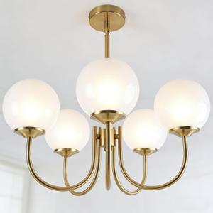 5-Light Mid Century Modern Chandelier, Gold Vintage Milk Glass Globe Chandelier, Brushed Brass Sputnik Chandeliers for Dining Room Kitchen Island, Entryway, Bedroom, Height Adjustable