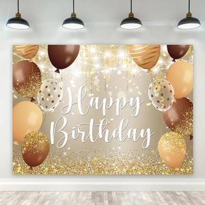 Riyidecor Gold Brown Happy Birthday Backdrop Modern Luxury Balloons Champagne 7Wx5H Feet Polyester Fabric Sparkle Bokeh Dots Photography Background Men Women Bday Table Decor Banner Studio Photo Shoot