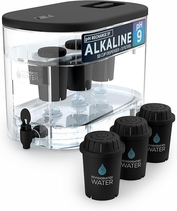 Invigorated Water - Alkaline Countertop Water Filter Dispenser, Large Cup Capacity, Mineralized Alkaline Water, BPA-Free, 96 Gallons/Filter (Black, 3 Filters Included)
