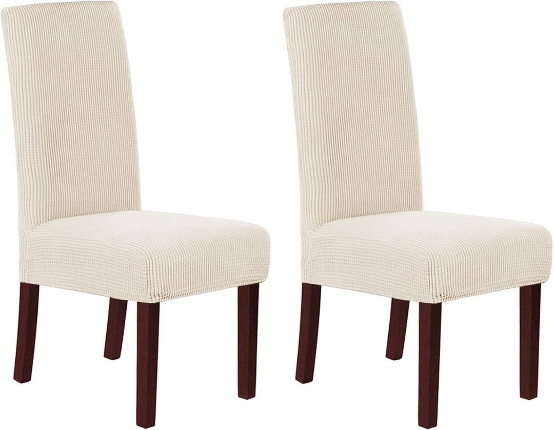 H.VERSAILTEX Stretch Dining Chair Covers Set of 2 Chair Covers for Dining Room Parsons Chair Slipcover Chair Protectors Covers Dining, Feature Textured Checked Jacquard Fabric, Natural