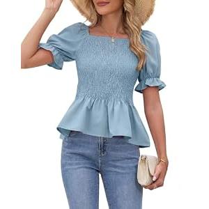 Womens Puff Short Sleeve Babydoll Tops 2025 Summer Smocked Square Neck Peplum Blouse Loose Fit Ruffle Dressy Tee Shirts XL