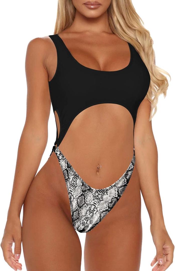 Viottiset Women's Cutout High Cut One Piece Thong Swimsuit Bikini Monokini Bandage (Large, Light Grey)