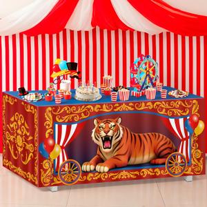 Tieshankao 6FT Circus Party Tablecloth Decorations: Carnival Theme Tiger Table Cover Red Blue and Yellow Decor for Home Birthday Party Supplies