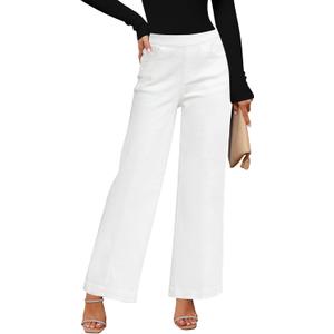 GRAPENT Pull On Womens Jeans Baggy Stretchy High Waisted Denim Wide Leg Trouser Pants Trendy Front Seam 90s Loose Jean (Large, Bright White)