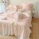 IHOUSTRIY Duvet Cover Queen Size, Ruffle Bedding Set with Bowtie, 3 Pieces Comforter Cover Set with Zipper Closure, Girl Princess Bedding with Pillowcase - Light Pink, Queen