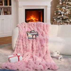 Faux Fur Throw Blanket, Bunny Blanket with Bubble Texture, Reversible Fluffy Blankets for Couch and Bed, Soft Cozy Faux Rabbit Fur Blanket for Home Dcor, Cozy & Machine Washable (Rose Macaron)