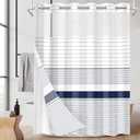 Nesphy No Hook Boho Shower Curtain with Snap in Fabric Liner Set, Navy Blue and White Striped Modern Double Layers Waterproof Fabric with See Through Top Window Open Grommet Bath Curtain 71x74 Inch