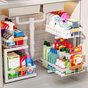 ADBIU 2 Pack Under Sink Organizers and Storage, Height Adjustable 2-Tier Pull Out Cabinet Organizer, Heavy Duty Slide Out Sink Shelf Drawer for Kitchen Bathroom Organization (Large Size, White)