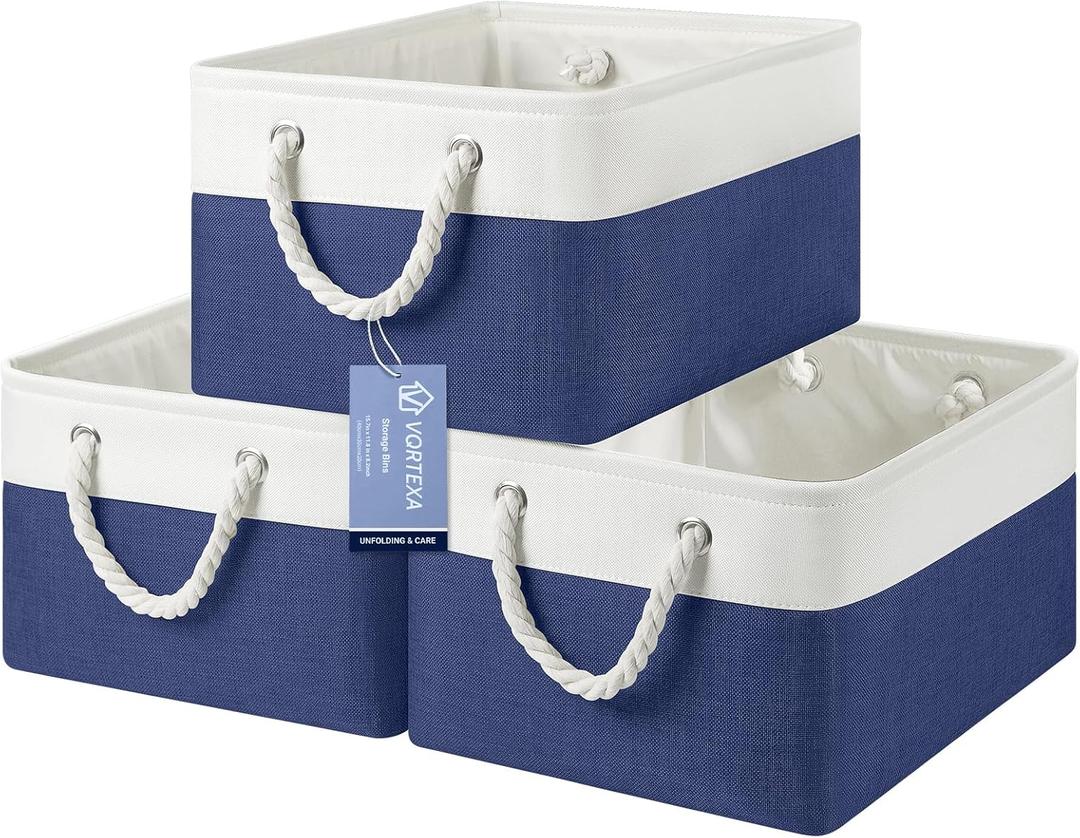 Large Storage Baskets- 15.7x11.8x8.26 inch Storage Bins for Shelves and Closet Organizing, Foldable Fabric Bin for Home Organization Clothes and Laundry (3-Pack, White&Blue)