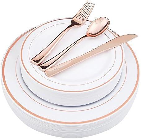 WDF-125PCS Rose Gold Plastic Silverware&Disposable Plastic Plates - Disposable Plates include 25 Dinner Plate,25 Salad Plate for Wedding Party Birthday