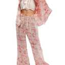 Yimoon Womens Satin Pajama Set Floral Silk Pajamas 2 Piece Cute Long Sleeve Button Down Pjs Sleepwear Lounge Set, Size XL