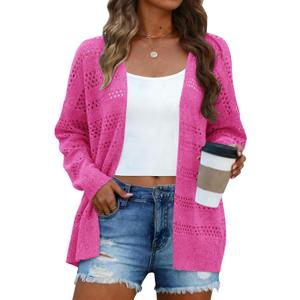Halife Women's Crochet Cardigan Sweaters Lightweight Thin Long Sleeve Open Front Kimono Cardigans (Pink), Small