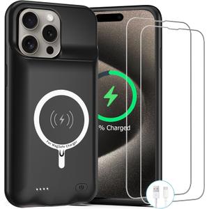 Battery Case for iPhone 15 Pro, 10000mAh Rechargeable Portable Charging Case with Wireless Charging, Compatible for iPhone 15 Pro (6.1 inch) with CarPlay, Extend Battery Pack Charger (Black)